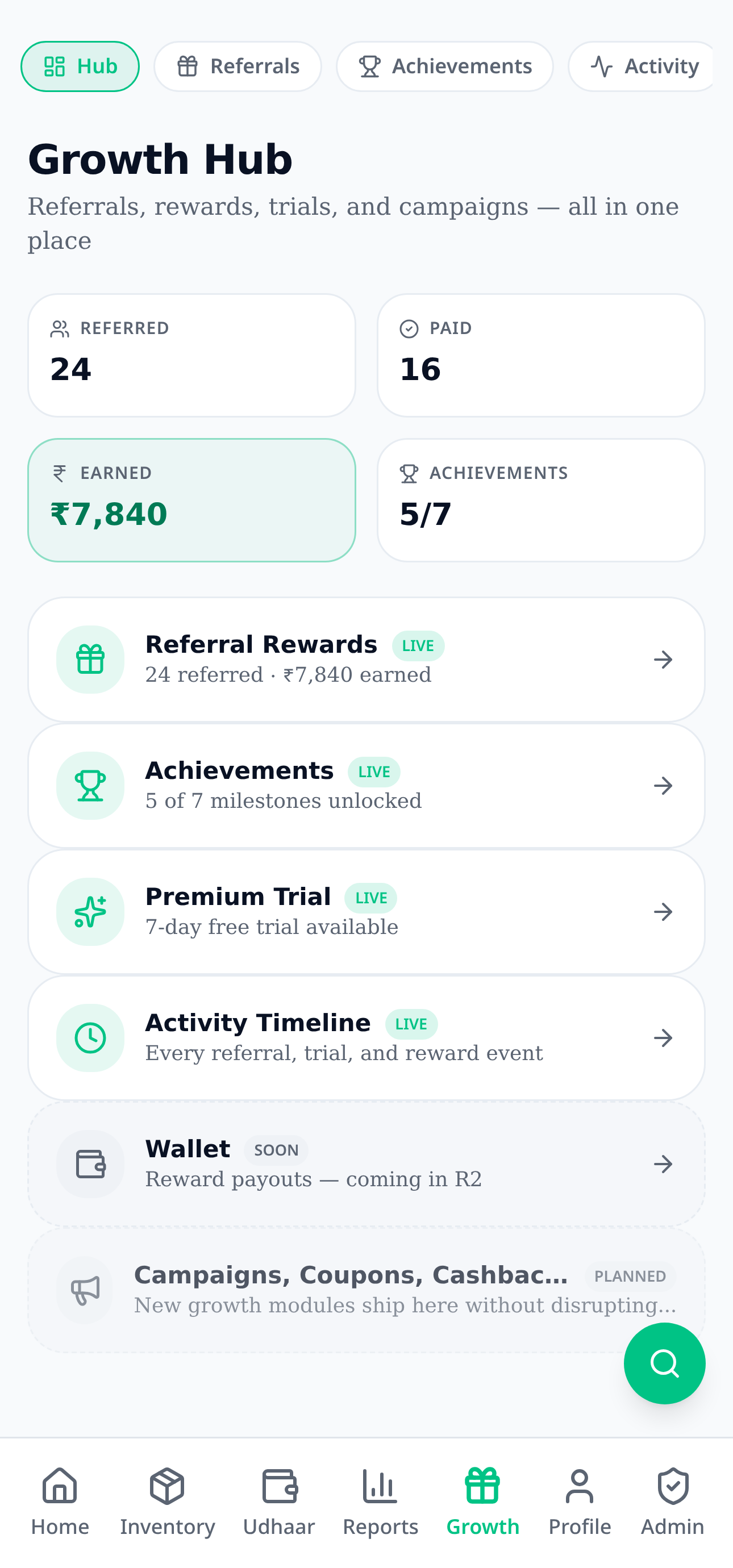 VendIQ growth hub with referrals, wallet and achievements
